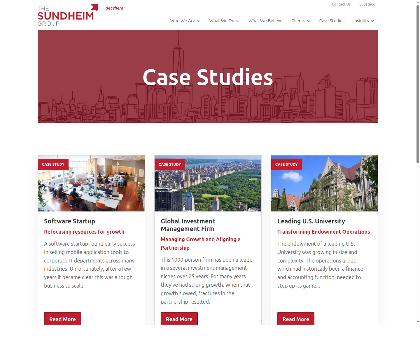 The Sundheim Group Astro case studies page with a three-card grid
