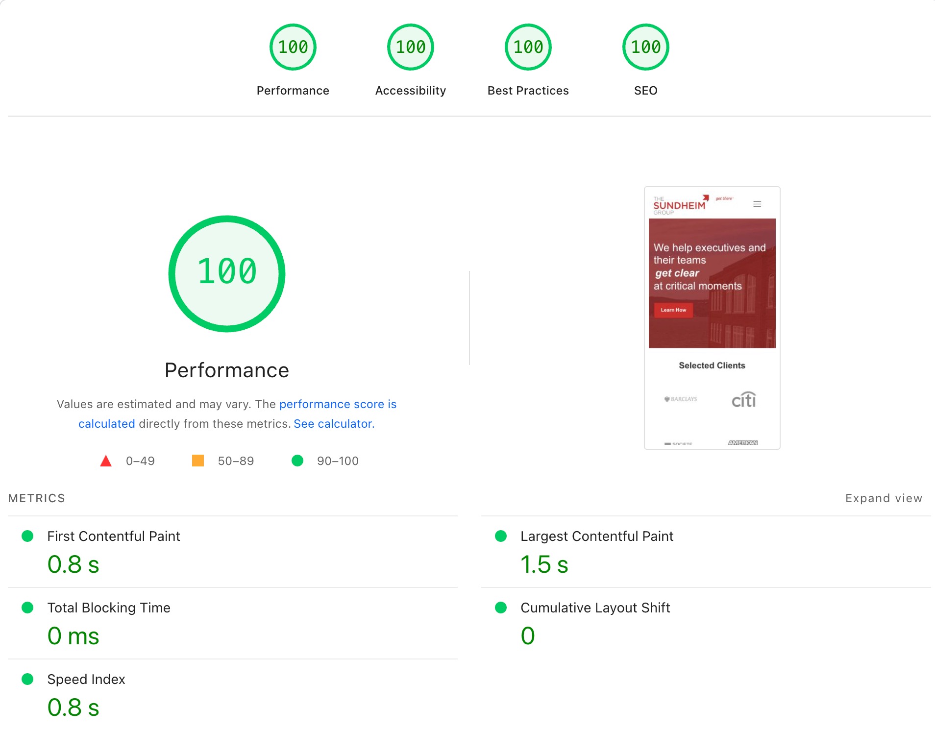 New Astro Sundheim Group PageSpeed Insights report